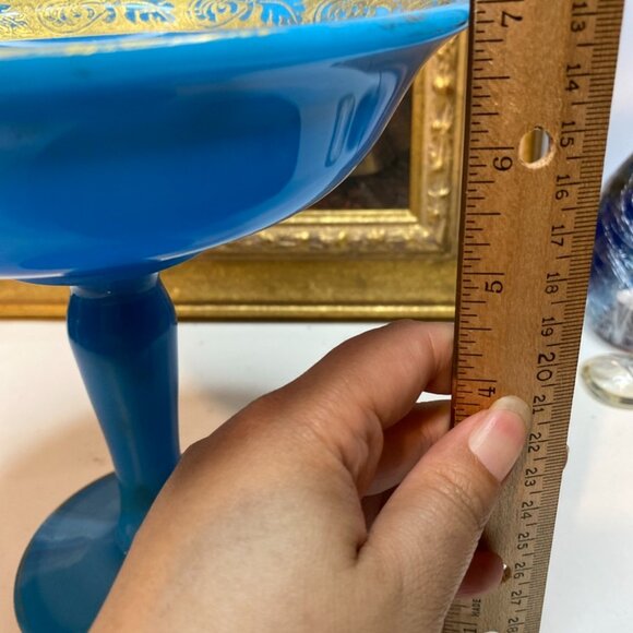 Antique Blue Compote Milk Glass About 7 Inches Tall Gold Leaves Trim Design - Picture 10 of 11